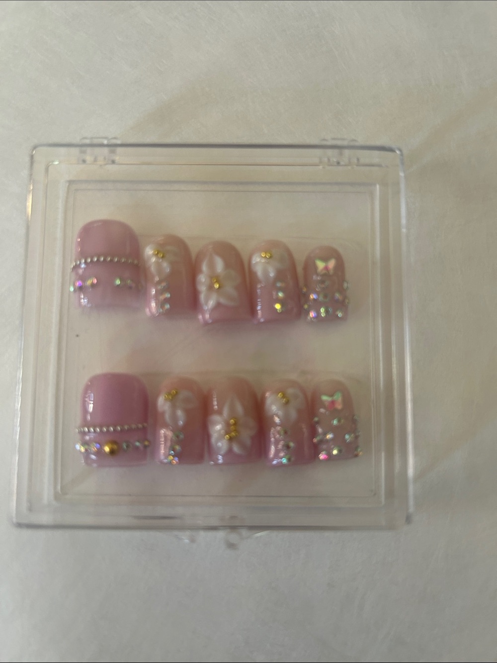 Pink 3D Floral Rhinestone Press-On Nails Set